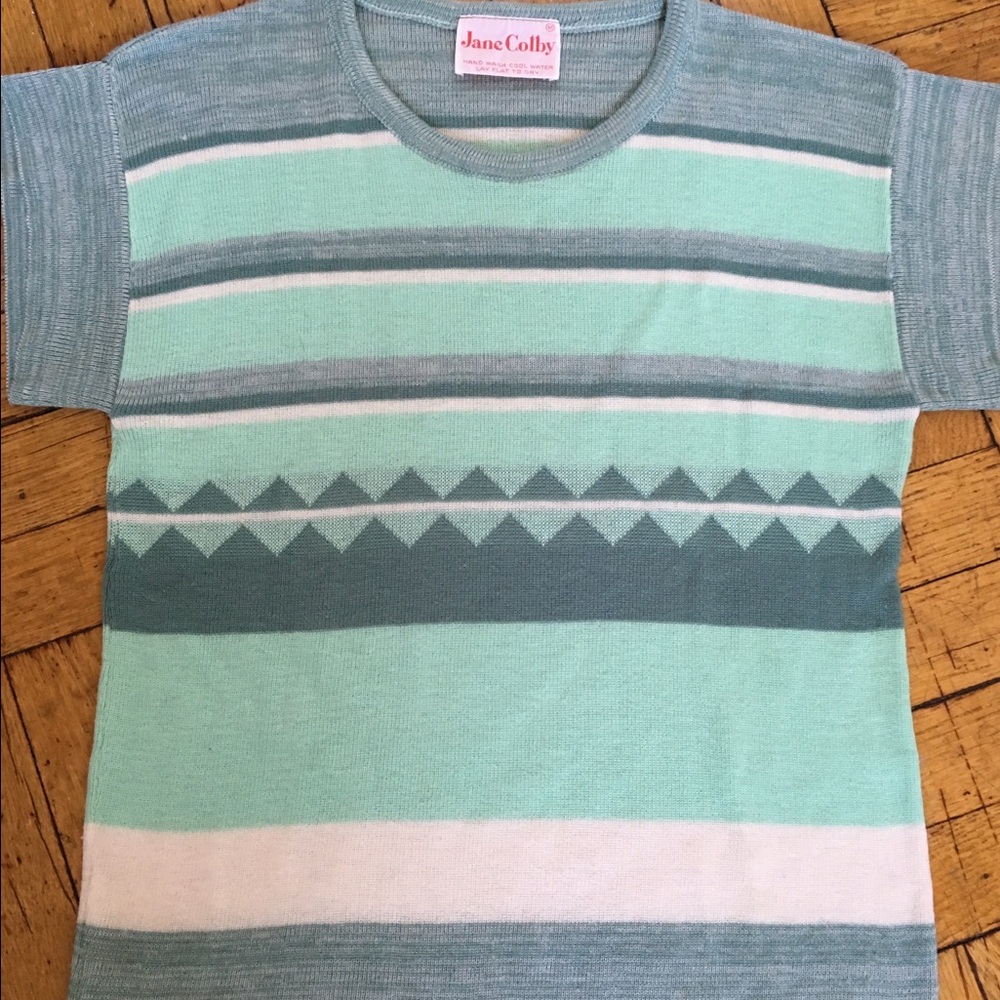 Mod Vintage Knit Top Mid Century Geometric Design Femme Stripe Cap Sleeve M